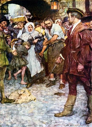 Выпусти-ка мальчика, голубушка. Иллюстрация к роману Марка Твена «Принц и нищий» (1881). Художник Уильям Хатерелл (1909)