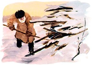— Вылезай! — крикнул он зайцу и сунул длинной палкой под кучу... Иллюстрация к рассказу М. Пришвина «Беляк». Художник А. Пластов, 1949