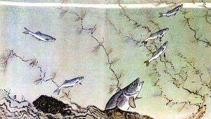 Вот грач, перелетая над рекой, капнул в воду, и эта известково-белая капля, тукнув по воде, сразу же привлекла внимание мелких рыбок — верхоплавок. Иллюстрация к рассказу М. Пришвина «Верхоплавки». Художник Е. Рачёв, 1983