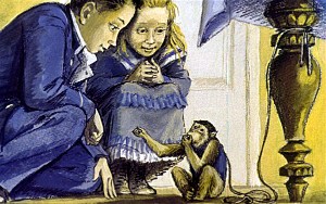 Я достал из буфета сахару и дал Яшке. Он схватил чёрной лапочкой кусок, заткнул за щёку. От этого вся мордочка у него скривилась. Иллюстрация к рассказу Б. Житкова «Про обезьянку». Художник З. Смехов, 1975