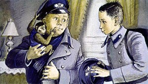 Обезьянка закричала: «Ай! ай!» — и в два прыжка вскочила Юхименке на руки. Он сейчас же сунул её в шинель, за пазуху. Иллюстрация к рассказу Б. Житкова «Про обезьянку». Художник З. Смехов, 1975
