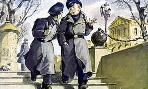 После уроков пошли мы к нему. Я всё ещё не верил. Неужели, думал, живая обезьянка у меня будет? И всё спрашивал, какая она. Иллюстрация к рассказу Б. Житкова «Про обезьянку». Художник З. Смехов, 1975