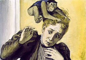 Никто ещё ничего разобрать не успел, а Яшка как прыгнет с Юхименки маме на голову. Иллюстрация к рассказу Б. Житкова «Про обезьянку». Художник З. Смехов, 1975