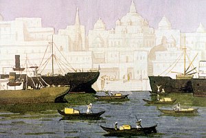 Наутро затопали на палубе, загудели. Я бросился к иллюминатору, к окну, — готово: город белый на берегу стоит. Иллюстрация к рассказу Б. Житкова «Про слона». Художник В. Рогачев, 1976