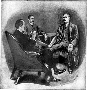 — Как, вам, всеведущему Шерлоку Холмсу, неизвестно это имя?! — воскликнул он. Иллюстрация к рассказу Артура Конан Дойла «Пропавший регбист». Художник Сидни Пэджет, 1904