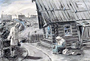 После оброка. Иллюстрация к повести А. С. Пушкина «История села Горюхина». Художник В. И. Агевин, 1949