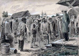 Выступление старосты перед крестьянами. Иллюстрация к повести А. С. Пушкина «История села Горюхина». Художник В. И. Агевин, 1949