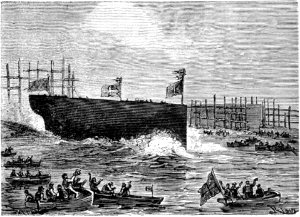 5 февраля 1860 года странный корабль был благополучно спущен на воду при огромном стечении зрителей. Иллюстрация к роману Жюля Верна «Путешествие и приключения капитана Гаттераса». Художник Эдуар Риу, 1867 г.