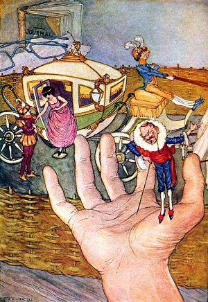 Много послеобеденных часов провел я очень приятно в таких разговорах. Иллюстрация к роману Джонатана Свифта «Путешествия Гулливера». Художник Майло Винтер, 1912 г.