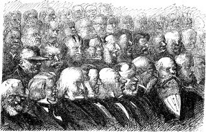 Заседание Лондонского королевского географического общества 14 января 1862 года в здании на площади Ватерлоо, № 3 было весьма многолюдным... Иллюстрация к роману Жюля Верна «Пять недель на воздушном шаре». Художники Эдуард Риу и Анри де Монто, 1865-67 гг.