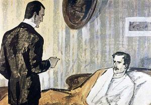В начале апреля 1883 года я, проснувшись как-то утром, увидел у своей кровати Шерлока Холмса, совершенно одетого. Иллюстрация к рассказу Артура Конан Дойла «Пёстрая лента». Художник К. Сапегин, 1964