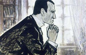 — Дело это очень темно, — сказал он наконец. — Тут еще тысяча подробностей, которые мне непременно надо узнать прежде, чем решить, как нам действовать. Но, вместе с тем, нам нельзя терять времени. Если бы, например, мы приехали сегодня в Сток-Моран, можно было бы нам осмотреть эти ваши комнаты без ведома вашего отчима? Иллюстрация к рассказу Артура Конан Дойла «Пёстрая лента». Художник К. Сапегин, 1964
