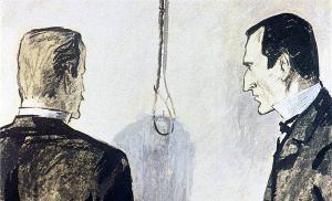 — Совершенно обыкновенная плеть. Не знаю только, зачем она завязана? Иллюстрация к рассказу Артура Конан Дойла «Пёстрая лента». Художник К. Сапегин, 1964