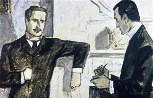 Решив все это про себя, вы знаете, что я сделал, чтобы проверить свои предположения. Услышав шипение змеи, что без сомнения и вы слышали, я сейчас же засветил огонь и напал на нее. Иллюстрация к рассказу Артура Конан Дойла «Пёстрая лента». Художник К. Сапегин, 1964