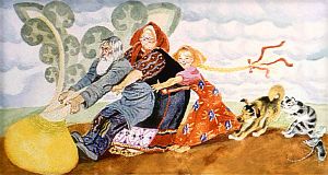 Мышка за кошку, кошка за Жучку, Жучка за внучку, внучка за бабку, бабка за дедку, дедка за репку... Иллюстрация В. Лосина к русской народной сказке «Репка»