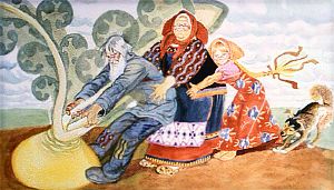 Жучка за внучку, внучка за бабку, бабка за дедку, дедка за репку — тянут-потянут, вытянуть не могут. Иллюстрация В. Лосина к русской народной сказке «Репка»