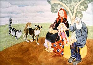 Кликнула Жучка кошку. Иллюстрация В. Лосина к русской народной сказке «Репка»