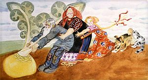 Кошка за Жучку, Жучка за внучку, внучка за бабку, бабка за дедку, дедка за репку — тянут-потянут, вытянуть не могут. Иллюстрация В. Лосина к русской народной сказке «Репка»