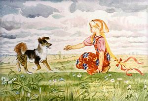 Кликнула внучка Жучку. Иллюстрация В. Лосина к русской народной сказке «Репка»
