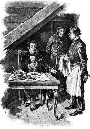 Действ. II, явл. VI. Хлестаков. Черт его знает, что́ это такое, только не жаркое. Это топор зажаренный вместо говядины. Иллюстрация к комедии Н. В. Гоголя «Ревизор». Художник Табурин Владимир Амосович, 1895 г.