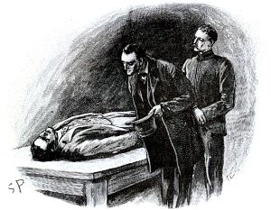 На одежде не было никаких следов пороха. Иллюстрация к рассказу Артура Конан Дойла «Рейгетские сквайры». Художник Сидни Пэджет, 1893