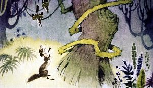 — Мы очень несчастны, — сказал Дарси. — Один из наших птенцов вчера выпал из гнезда, и Наг съел его... Иллюстрация П. Репкина (1967) к рассказу «Рикки-Тикки-Тави» Редьярда Киплинга (1893)