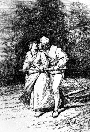 И как ни была тверда земля, как ни палило солнце самыми жгучими своими лучами и как от великой усталости не подгибались колени при бороньбе, — если случалось остановиться для передышки, Сооткин поднимала к Клаасу своё кроткое лицо, Клаас целовал это зеркало нежной души, — и они забывали о своей великой усталости. Иллюстрация к роману Шарля де Костера «Легенда об Уленшпигеле». Издание 1869 г.