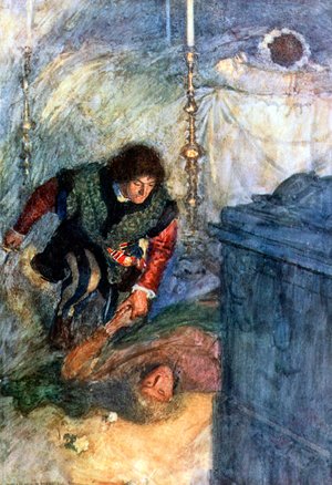 Ромео кладет Париса в склеп. Иллюстрация Уильяма Хатерелла (1912 г.) к трагедии Уильяма Шекспира «Ромео и Джульетта» (1595 г.)