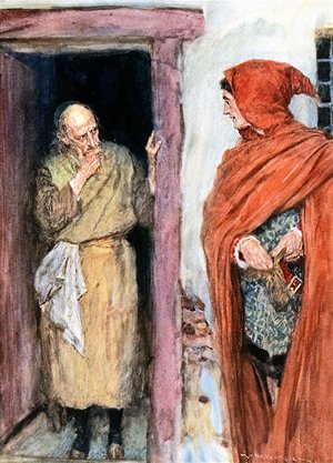 Ромео и аптекарь. Иллюстрация Уильяма Хатерелла (1912 г.) к трагедии Уильяма Шекспира «Ромео и Джульетта» (1595 г.)