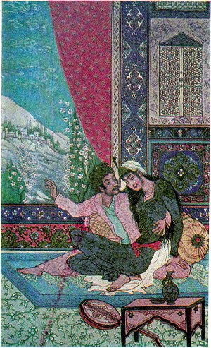 Иллюстрация к книге Омара Хайяма «Рубаи». Художник Хусайн Бехзад (Иран). Издательство ЦК Компартии Узбекистана. Ташкент — 1982.