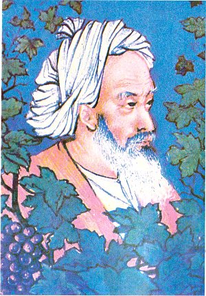 Омар Хайям. Фронтиспис. Иллюстрация к книге Омара Хайяма «Рубаи». Художник Хусайн Бехзад (Иран). Издательство ЦК Компартии Узбекистана. Ташкент — 1982.