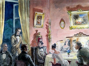 Рудин в салоне Ласунской. Иллюстрация к роману И. С. Тургенева «Рудин». Художник Милашевский Владимир Алексеевич, 1941 г.