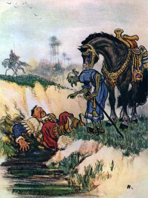 Фарлаф и старуха-колдунья. Иллюстрация к поэме Пушкина «Руслан и Людмила». Художник Н. Кочергин