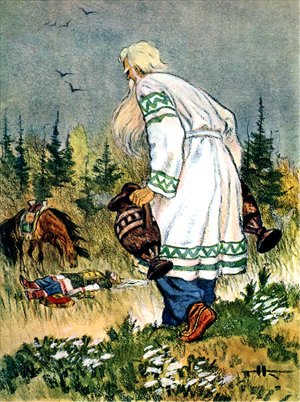 Вещий Финн с живой и мёртвой водой. Иллюстрация к поэме Пушкина «Руслан и Людмила». Художник Н. Кочергин