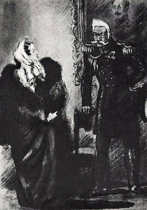 Княгиня Трубецкая и губернатор. Иллюстрация К. А. Клементьевой к поэме Н. А. Некрасова «Русские женщины»