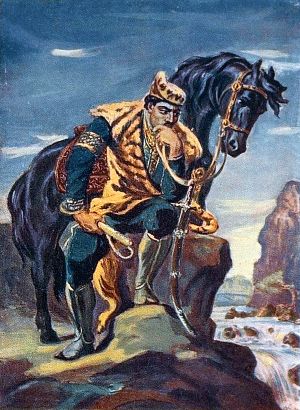ТАРИЭЛЬ У РЕКИ. Видят: некий витязь странный плачет, сидя над рекой. С львиным схож героя образ. Не разнуздан вороной. По доспехам, сбруе, латам жемчуг блеск рассыпал свой. Розу изморозь покрыла с сердца брызжущей слезой. Иллюстрация И. М. Тоидзе (1937 г.) к поэме «Витязь в тигровой шкуре» Шоты Руставели