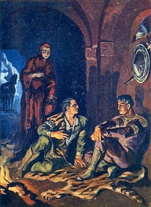 БЕСЕДА ТАРИЭЛЯ С АВТАНДИЛОМ. Ты послушай, и пойми ты о судьбе моей сказанья, Мой язык едва ль охватит все беседы и деянья; От затмившей мне сознанье тщетны счастья ожиданья, Мой удел—лишь слез потоки, бесконечные страданья. Иллюстрация И. М. Тоидзе (1937 г.) к поэме «Витязь в тигровой шкуре» Шоты Руставели