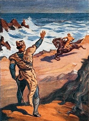 ТАРИЭЛЬ И ФРИДОН У МОРЯ. Слышу крик: какой-то витязь призывал кого-то к брани, Проскакал он берег моря, но страдал, видать, от раны, Он меча держал обломок, весь в крови и весь багряный, Угрожал врагам он гневно, не жалея слов для брани. Иллюстрация И. М. Тоидзе (1937 г.) к поэме «Витязь в тигровой шкуре» Шоты Руставели