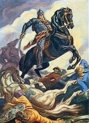 БИТВА ТАРИЭЛЯ С ХАТАЙЦАМИ. Ястреб в стаю куропаток—так я вторгся в их ряды, Смял бойцов с конями вместе в кучу страшной высоты. Люди в воздухе кружились, и сверкали их пяты, И остались от отрядов только жалкие следы. Иллюстрация И. М. Тоидзе (1937 г.) к поэме «Витязь в тигровой шкуре» Шоты Руставели