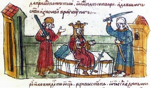 Владимир хочет покарать Рогнеду, но на её защиту встаёт Изяслав.
