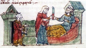 Покушение Рогнеды на Владимира. Миниатюра Радзивилловской летописи, XV в.