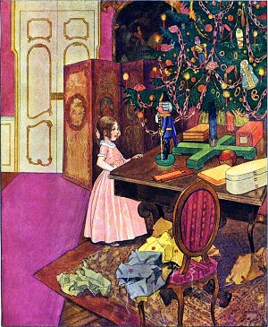 — Ах!— воскликнула наконец Мари.— Ах, милый папочка, для кого этот хорошенький человечек, что стоит под самой елкой? Иллюстрация Артуша Шайнера (1863-1938) к сказке Гофмана (1776-1822) «Щелкунчик и Мышиный король»