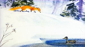 — Уходи, пожалуйста, я совсем не хочу с тобой разговаривать, — ответила Серая Шейка. Иллюстрация В. Дугина к рассказу Д. Н. Мамина-Сибиряка «Серая Шейка»