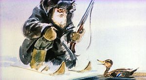 — А я, дедушка, не могла улететь вместе с другими. У меня одно крылышко попорчено… Иллюстрация В. Дугина к рассказу Д. Н. Мамина-Сибиряка «Серая Шейка»