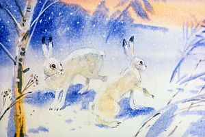 Зайцы все это видели и весело смеялись. Ничего, старуха и без шубы на печке не замерзнет. Иллюстрация В. Дугина к рассказу Д. Н. Мамина-Сибиряка «Серая Шейка»