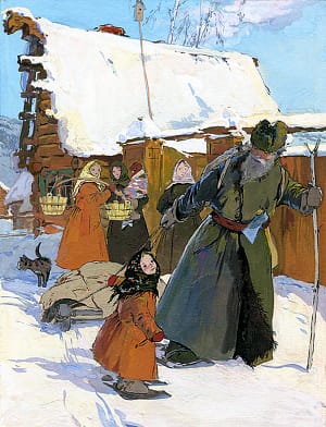 — Из ума выжился старик! Такую маленькую девчонку в лес зимой повел. Иллюстрация к сказу П. П. Бажова «Серебряное копытце». Художник М. Е. Успенская, 1959 г.