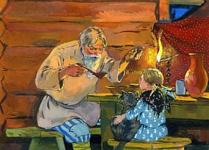 Старик был мастер сказки сказывать, Даренка любила те сказки слушать, а кошка Муренка лежит да мурлычет. Иллюстрация к сказу П. П. Бажова «Серебряное копытце». Художник М. Е. Успенская, 1959 г.