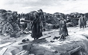 Пройдя шагов двести, вы входите в изрытое грязное пространство, окруженное со всех сторон турами, насыпями, погребами, платформами, землянками, на которых стоят большие чугунные орудия и правильными кучами лежат ядра. Иллюстрация Бориса Зворыкина к «Севастопольским рассказам» Л. Н. Толстого