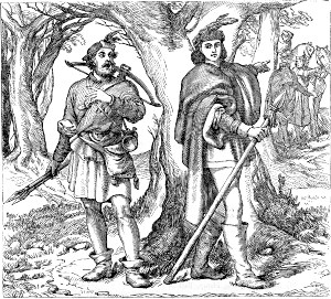 Егерь. Сюда, милорд; там притаилась дичь. Король Эдуард. Нет, друг, пойдем к охотникам вот этим. Иллюстрация к пьесе Уильяма Шекспира «Генрих VI (часть третья)». Художник Генри Кортни Селус, 1864-68 гг.