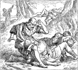 Отец. Но дай-ка, посмотрю я, враг ли это. Ах, нет, нет, нет. Единственный мой сын! Иллюстрация к пьесе Уильяма Шекспира «Генрих VI (часть третья)». Художник Генри Кортни Селус, 1864-68 гг.